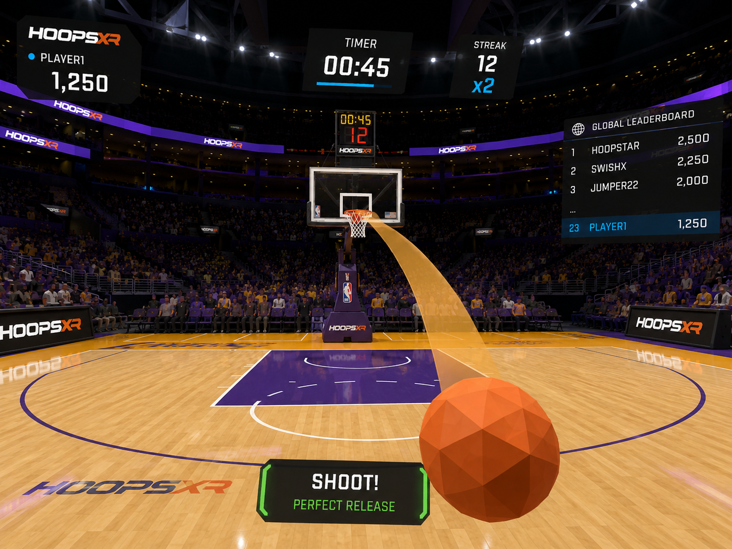 Virtual arena basketball court with a shot lined up