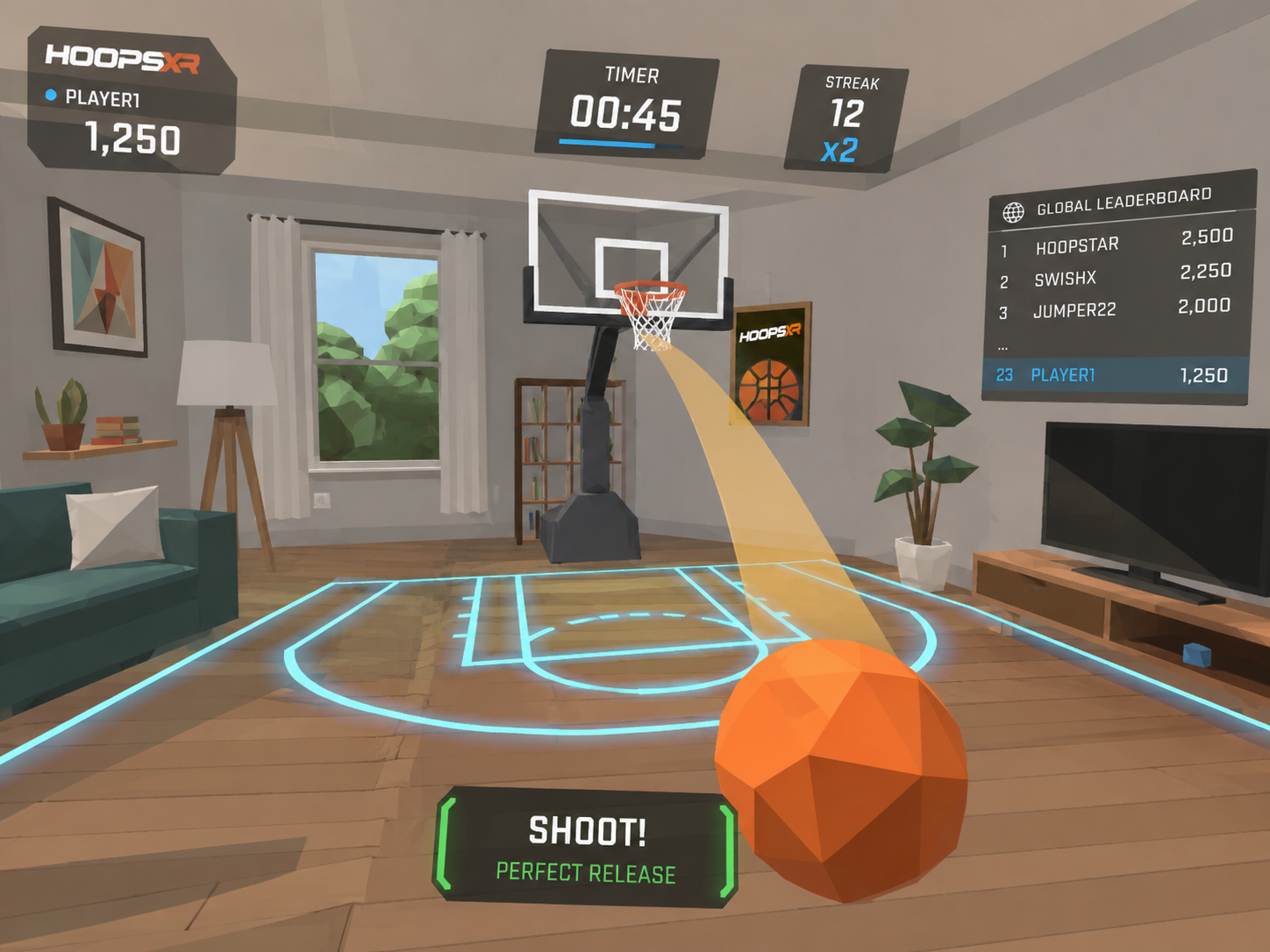 Mixed reality basketball hoop placed in a living room