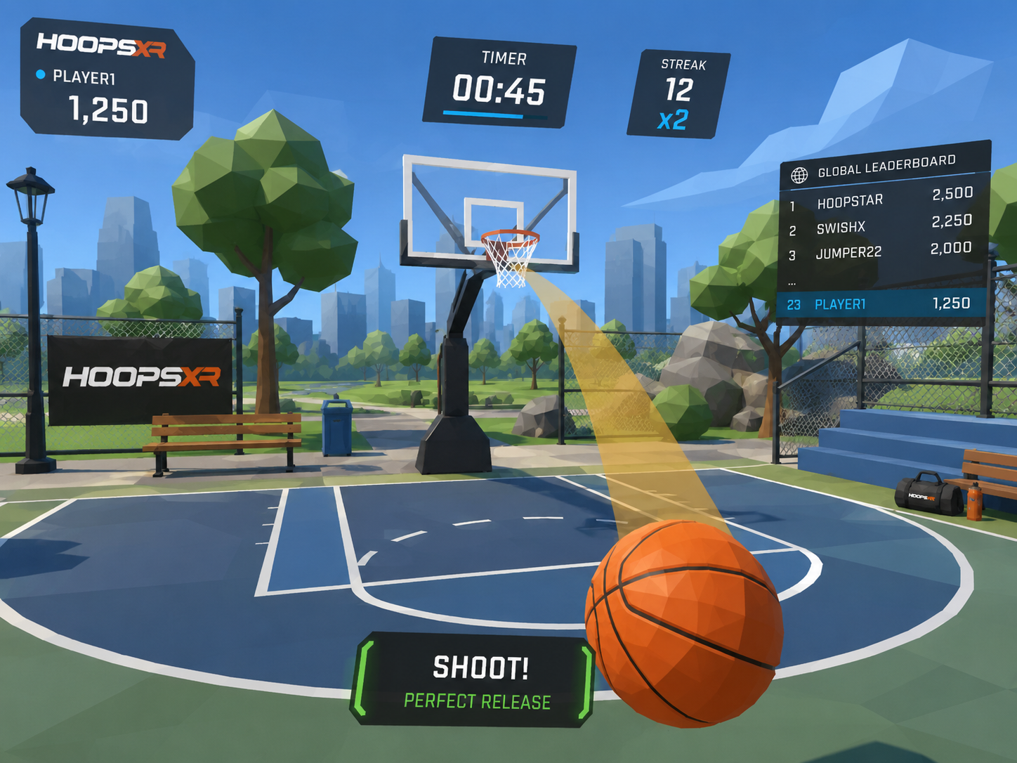 Outdoor virtual basketball court with a city backdrop