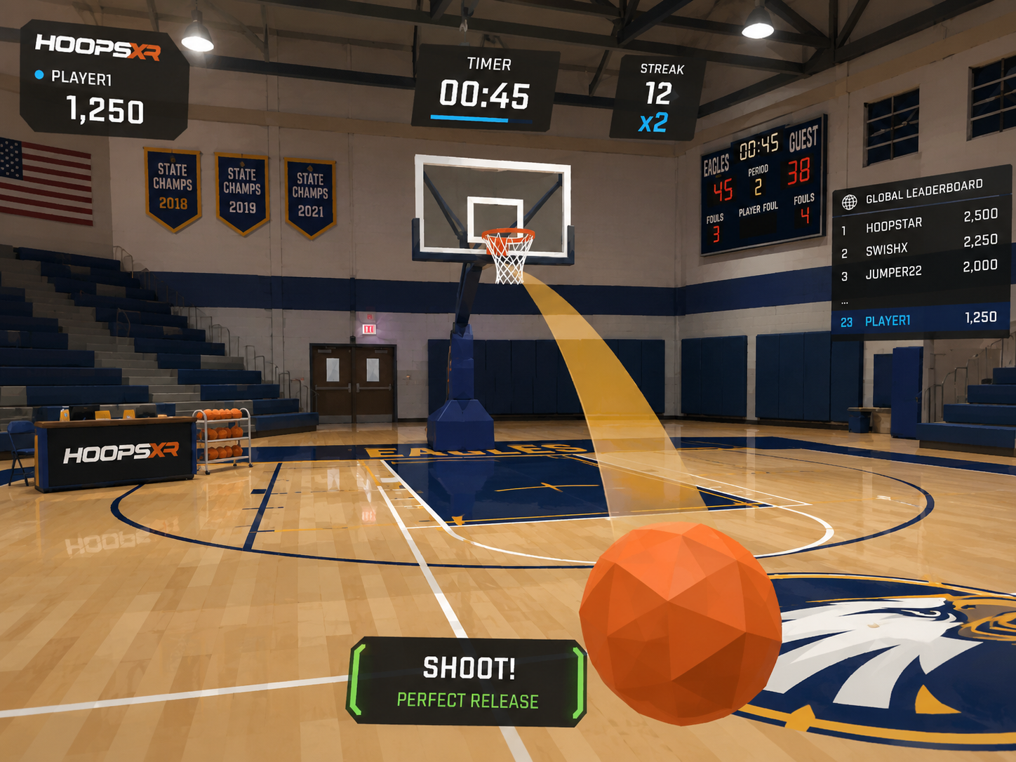 Indoor virtual gym basketball court